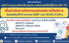 ประกาศ...สวส.มทร.ล้านนนา : แจ้งกำหนดการปิดปรับปรุงระบบอินเตอร์เน็ตไร้สาย (Wi-Fi) เพื่อดำเนินการอัพเกรดอุปกรณ์การให้บริการ   