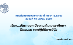 หนังสือกระทรวงการคลัง ที่ กค 0415.6/ว30 เรื่องอัตราดอกเบี้ยตามสัญญาลาศึกษา ฝึกอบรม และปฏิบัติการวิจัย